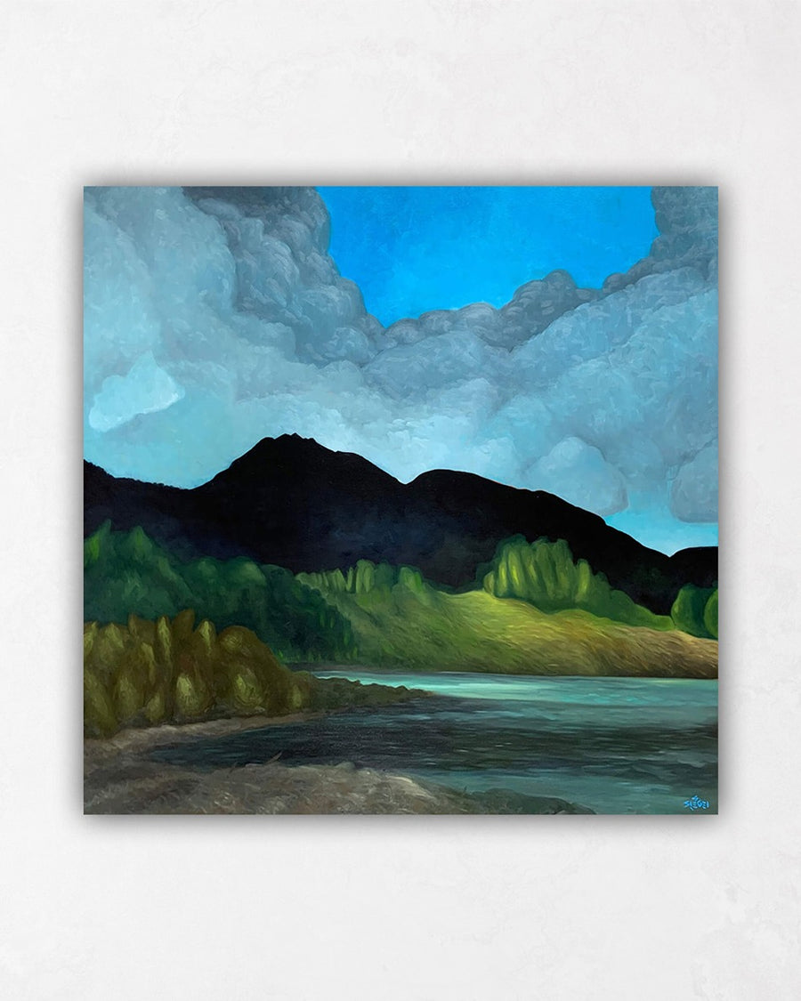 silhouette mountain lake painting