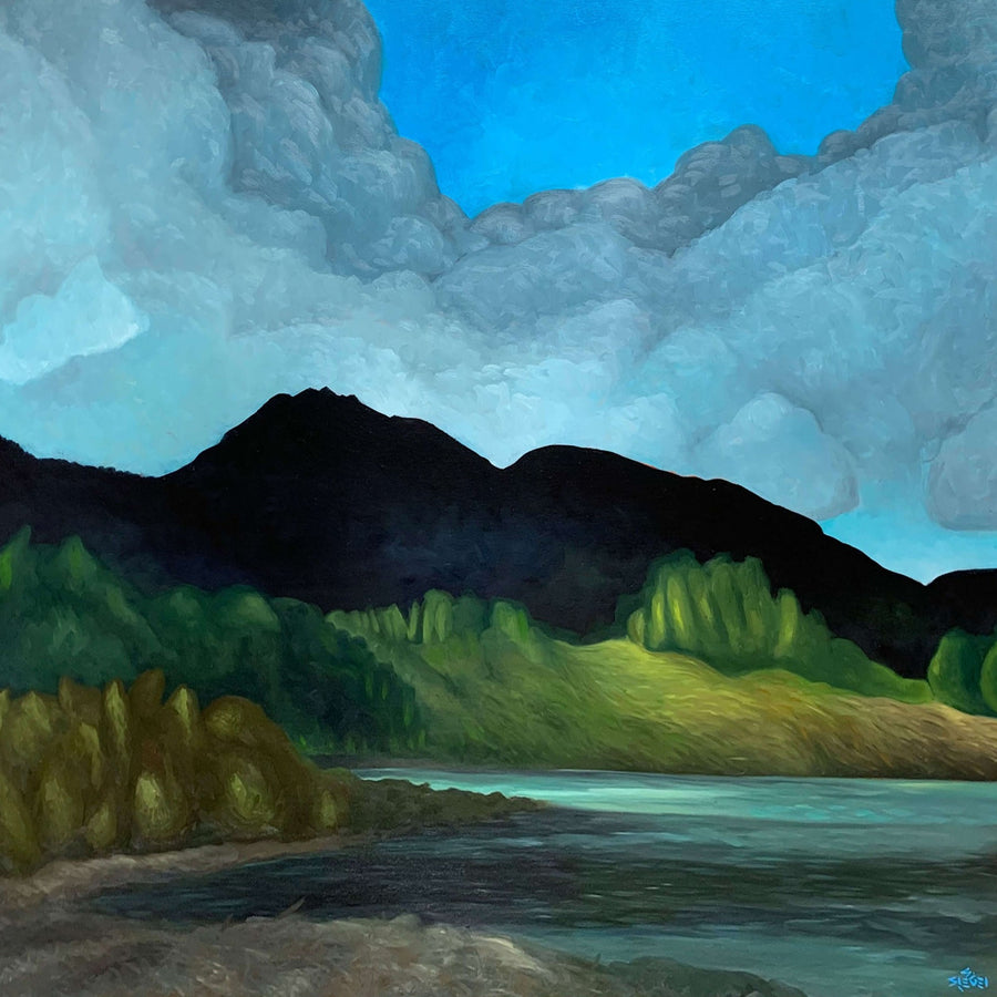 raking light landscape painting mountain silhouette with teal water and clouds