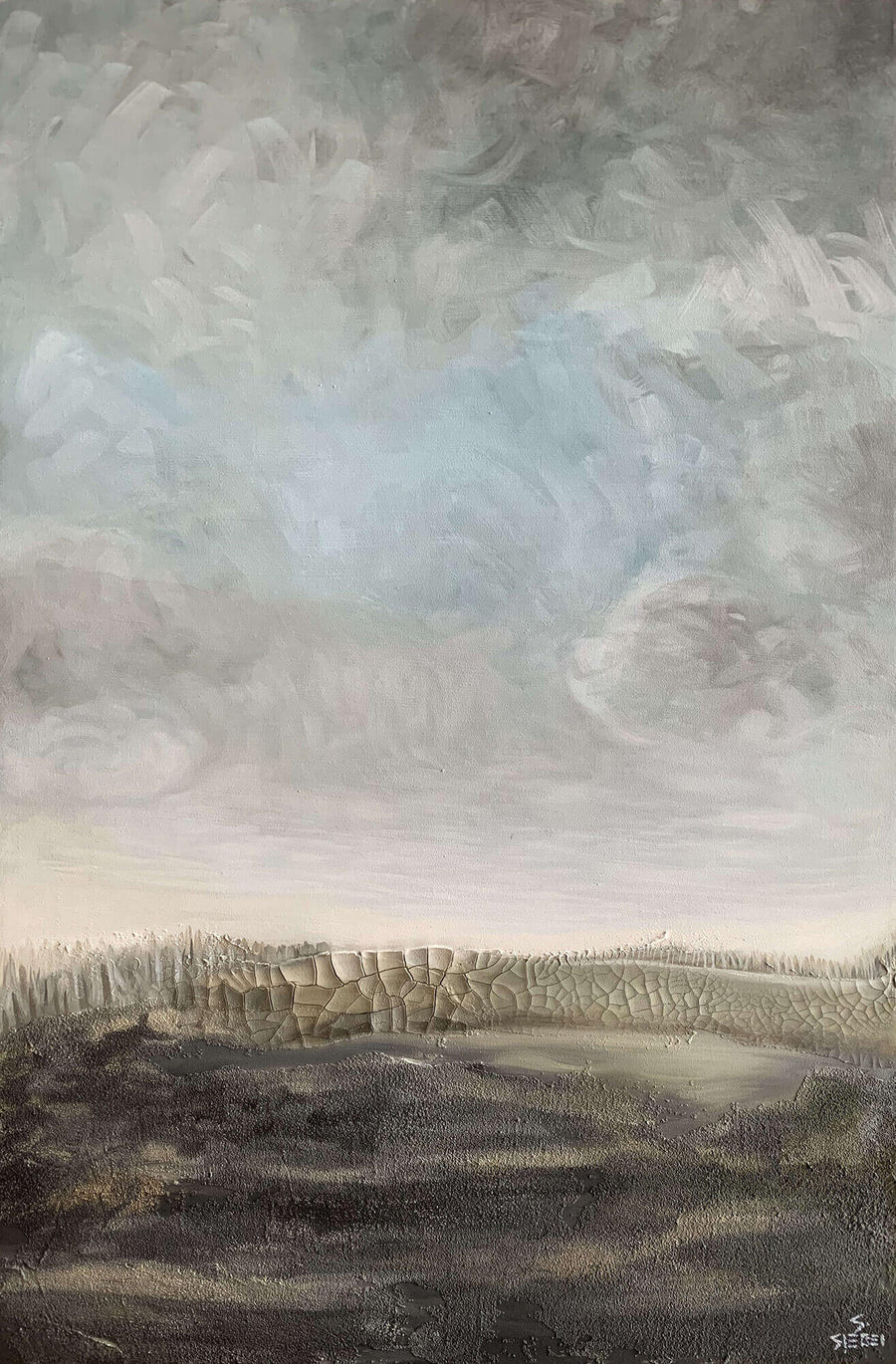 Muted grey and white abstract painting with thick texture and clouds
