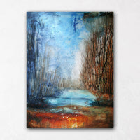 Abstract landscape painting with rust colour and trees
