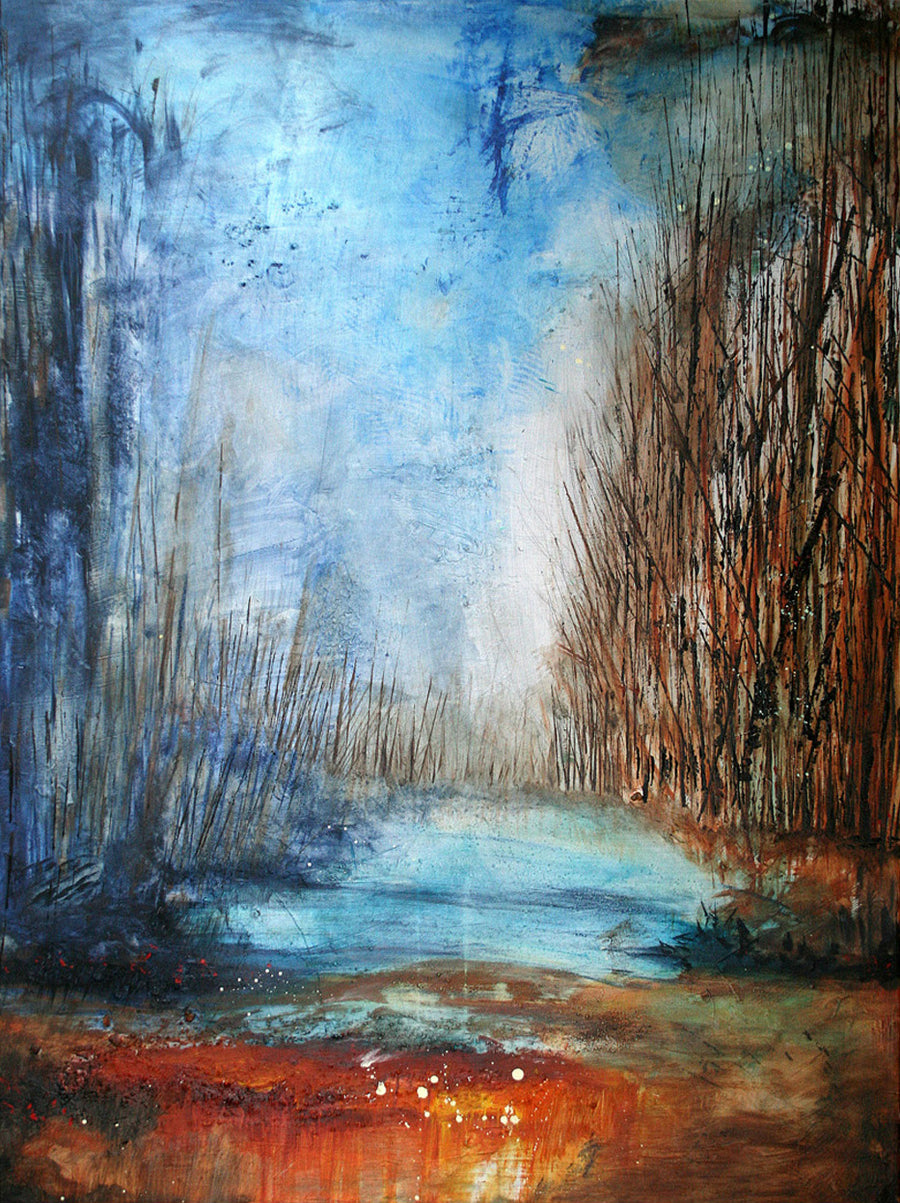 Abstract landscape painting with pond and trees