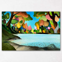 Colorful tree paintings with ocean cove