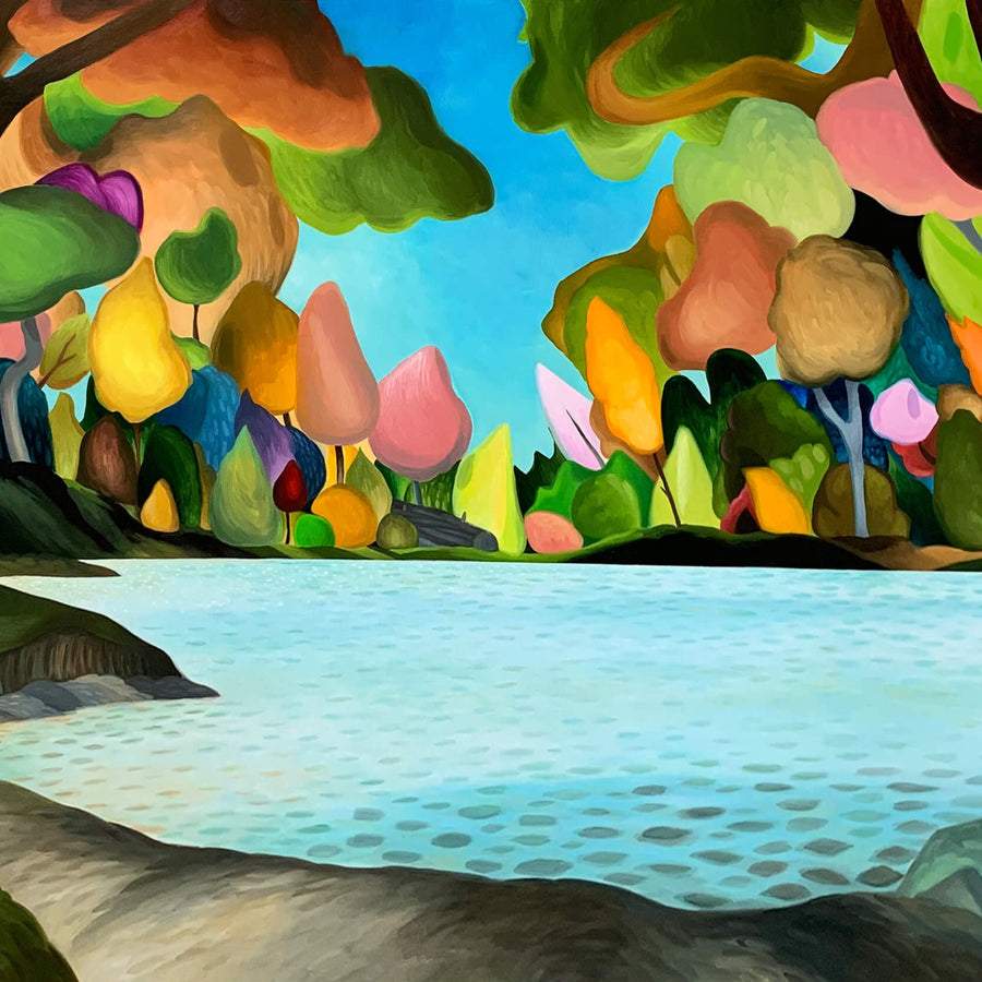 Colorful tree paintings with ocean cove