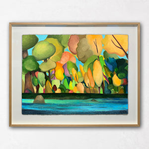 Colorful tree paintings with ocean and rocks