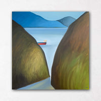 Inlet painting with freighter Canadian landscape art