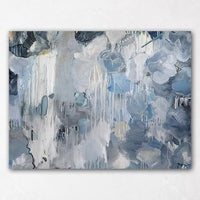 Blue and White Abstract Painting with Flowers