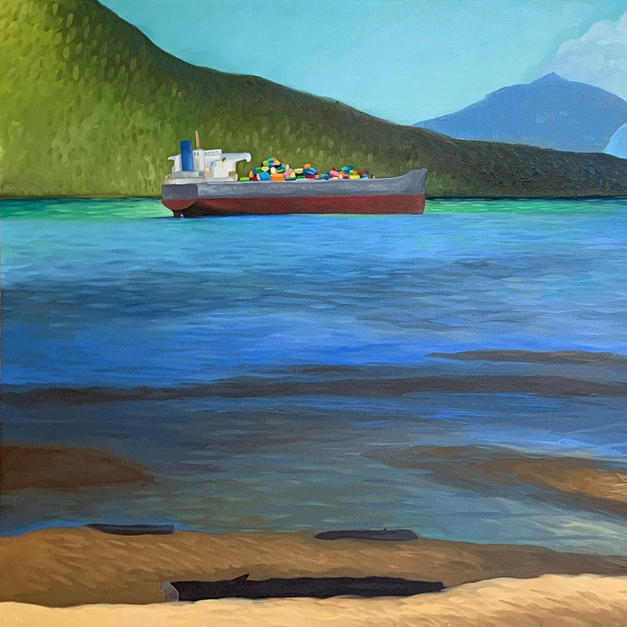 Jericho Beach Painting with Freighters by Vancouver Artist