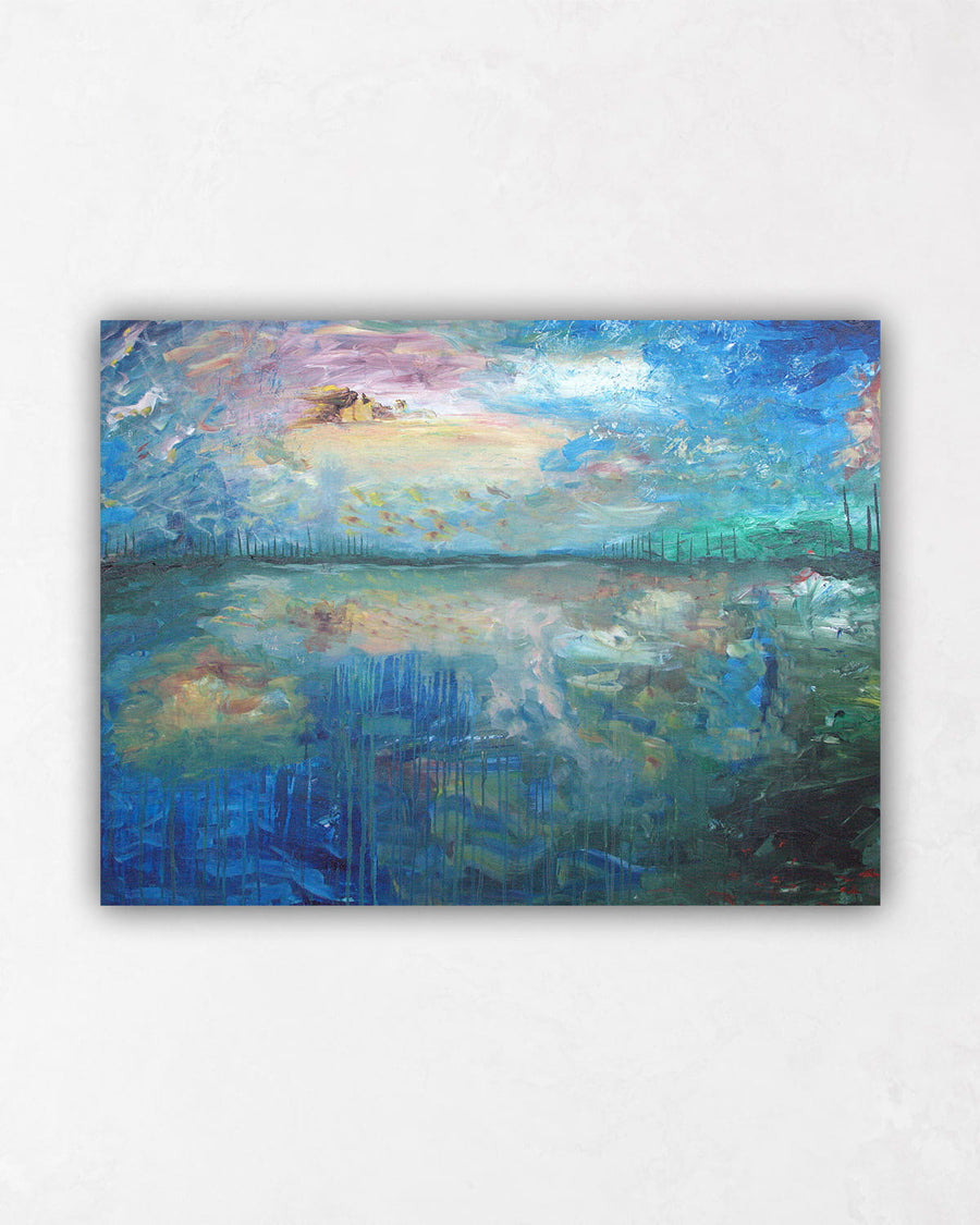 Abstract Lake Landscape with Pink, Blue and Green Colours