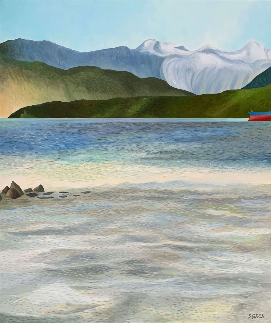 Vancouver Beach Painting with Mountains and Freighters