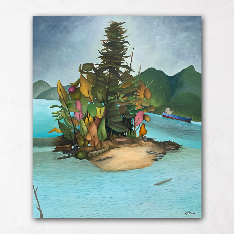 Tree Island Painting with Freighter