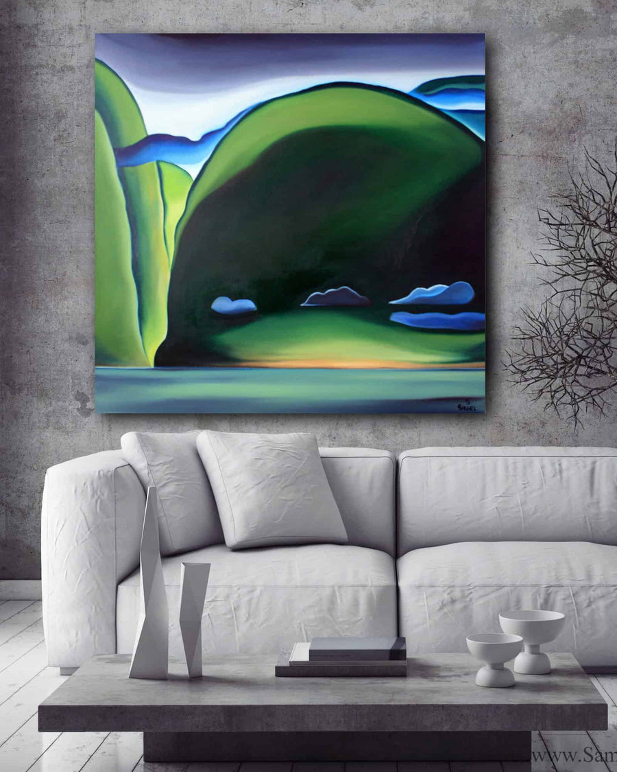 Modern Landscape Paintings Green, Blue with Clouds